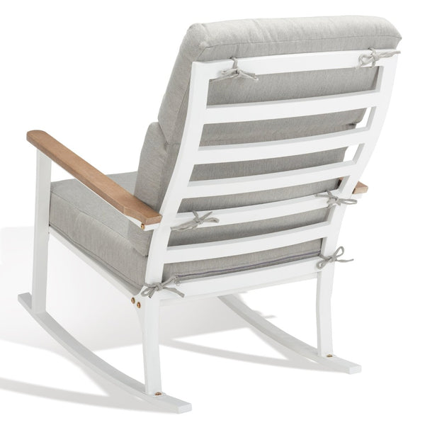 Safavieh BRUTUS Rocking Chair - Elegant White Outdoor Rocker with Plush Grey Cushions & Eucalyptus Armrests CPT1035A