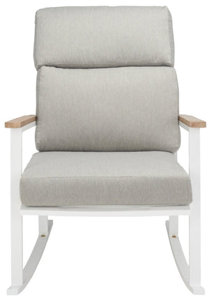 Safavieh BRUTUS Rocking Chair - Elegant White Outdoor Rocker with Plush Grey Cushions & Eucalyptus Armrests CPT1035A