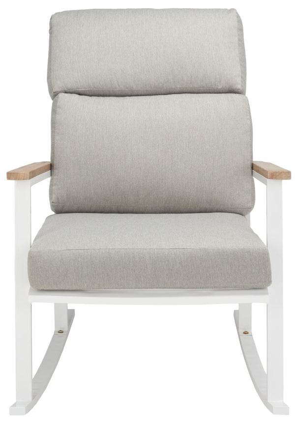 Safavieh BRUTUS Rocking Chair - Elegant White Outdoor Rocker with Plush Grey Cushions & Eucalyptus Armrests CPT1035A