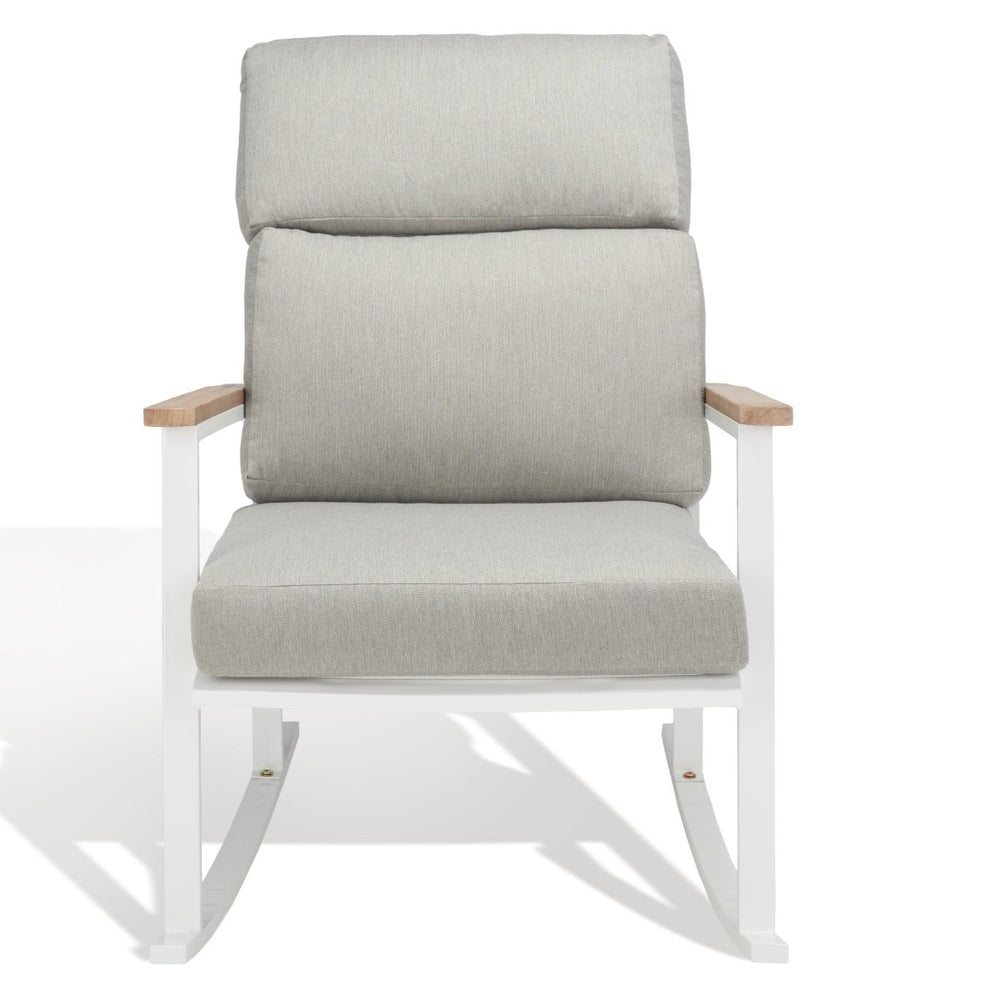Safavieh BRUTUS Rocking Chair - Elegant White Outdoor Rocker with Plush Grey Cushions & Eucalyptus Armrests CPT1035A