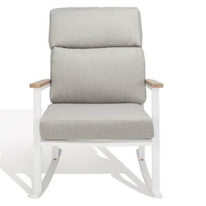 Safavieh BRUTUS Rocking Chair - Elegant White Outdoor Rocker with Plush Grey Cushions & Eucalyptus Armrests CPT1035A