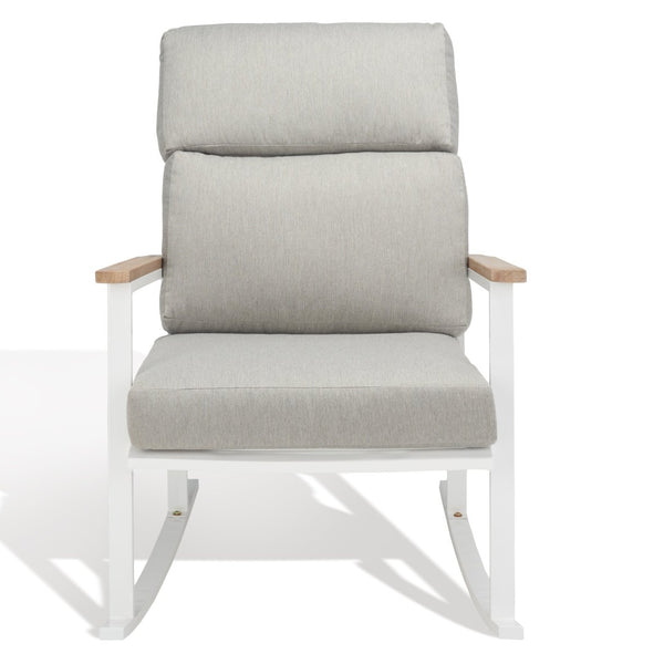 Safavieh BRUTUS Rocking Chair - Elegant White Outdoor Rocker with Plush Grey Cushions & Eucalyptus Armrests CPT1035A