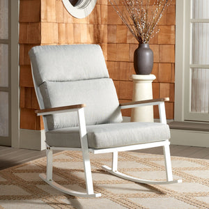 Safavieh BRUTUS Rocking Chair - Elegant White Outdoor Rocker with Plush Grey Cushions & Eucalyptus Armrests CPT1035A