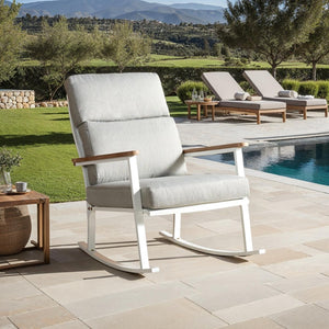 Safavieh BRUTUS Rocking Chair - Elegant White Outdoor Rocker with Plush Grey Cushions & Eucalyptus Armrests CPT1035A