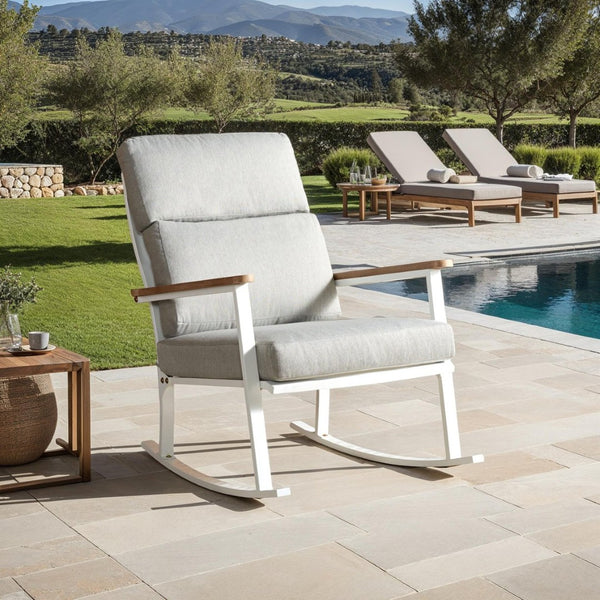 Safavieh BRUTUS Rocking Chair - Elegant White Outdoor Rocker with Plush Grey Cushions & Eucalyptus Armrests CPT1035A