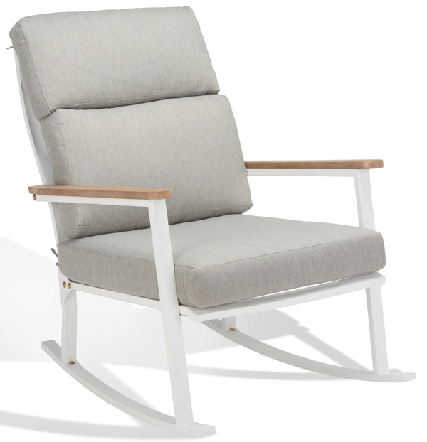 Safavieh BRUTUS Rocking Chair - Elegant White Outdoor Rocker with Plush Grey Cushions & Eucalyptus Armrests CPT1035A