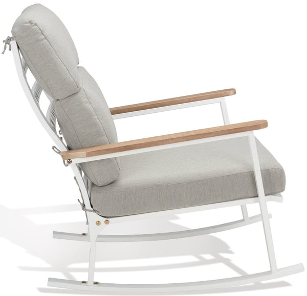 Safavieh BRUTUS Rocking Chair - Elegant White Outdoor Rocker with Plush Grey Cushions & Eucalyptus Armrests CPT1035A