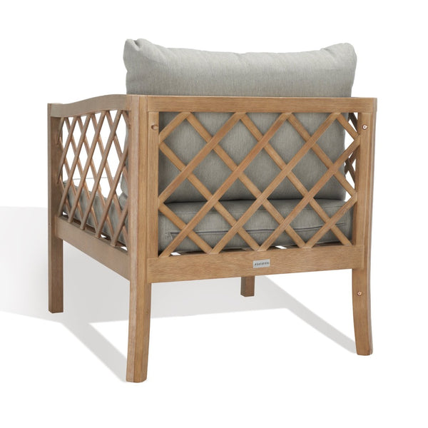 Safavieh FIJI Wood Patio Chair - Stylish Brown Frame with Light Grey Cushions for Ultimate Outdoor Comfort CPT1036A