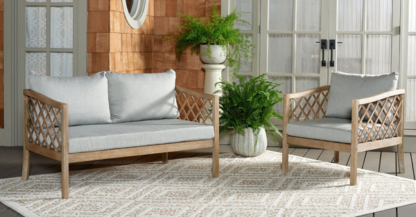 Safavieh FIJI Patio Sofa - Stylish Brown Wood Frame with Light Grey Cushions for Modern Outdoor Comfort CPT1037A