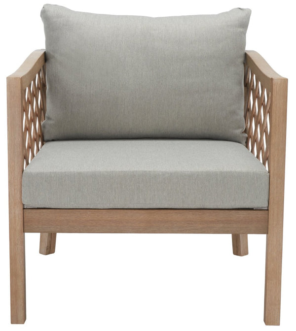 Safavieh FIJI Wood Patio Chair - Stylish Brown Frame with Light Grey Cushions for Ultimate Outdoor Comfort CPT1036A