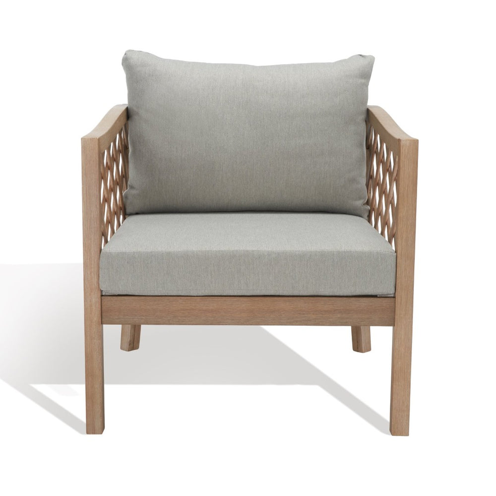 Safavieh FIJI Wood Patio Chair - Stylish Brown Frame with Light Grey Cushions for Ultimate Outdoor Comfort CPT1036A