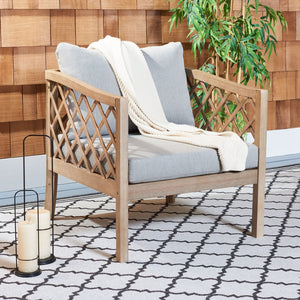 Safavieh FIJI Wood Patio Chair - Stylish Brown Frame with Light Grey Cushions for Ultimate Outdoor Comfort CPT1036A