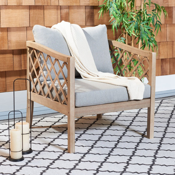Safavieh FIJI Wood Patio Chair - Stylish Brown Frame with Light Grey Cushions for Ultimate Outdoor Comfort CPT1036A
