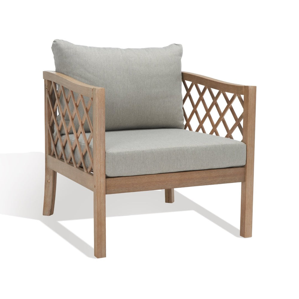 Safavieh FIJI Wood Patio Chair - Stylish Brown Frame with Light Grey Cushions for Ultimate Outdoor Comfort CPT1036A