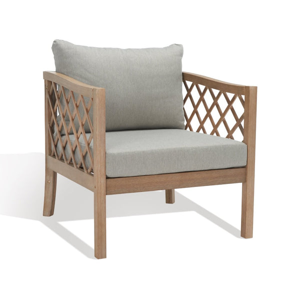 Safavieh FIJI Wood Patio Chair - Stylish Brown Frame with Light Grey Cushions for Ultimate Outdoor Comfort CPT1036A