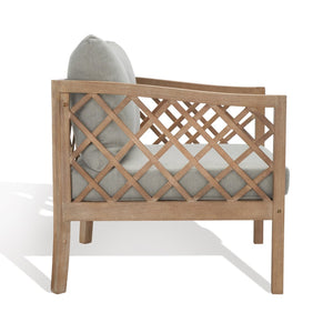 Safavieh FIJI Wood Patio Chair - Stylish Brown Frame with Light Grey Cushions for Ultimate Outdoor Comfort CPT1036A