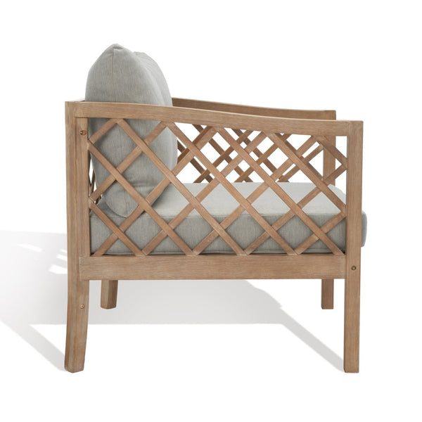 Safavieh FIJI Wood Patio Chair - Stylish Brown Frame with Light Grey Cushions for Ultimate Outdoor Comfort CPT1036A