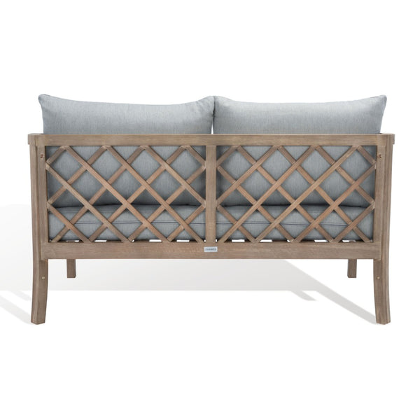 Safavieh FIJI Patio Sofa - Stylish Brown Wood Frame with Light Grey Cushions for Modern Outdoor Comfort CPT1037A