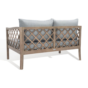 Safavieh FIJI Patio Sofa - Stylish Brown Wood Frame with Light Grey Cushions for Modern Outdoor Comfort CPT1037A