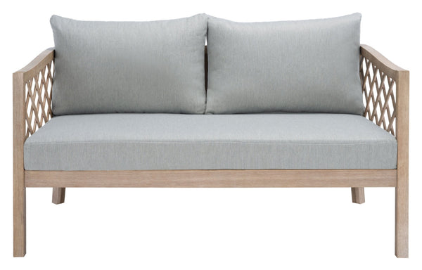 Safavieh FIJI Patio Sofa - Stylish Brown Wood Frame with Light Grey Cushions for Modern Outdoor Comfort CPT1037A