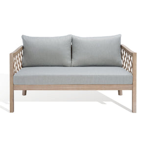 Safavieh FIJI Patio Sofa - Stylish Brown Wood Frame with Light Grey Cushions for Modern Outdoor Comfort CPT1037A