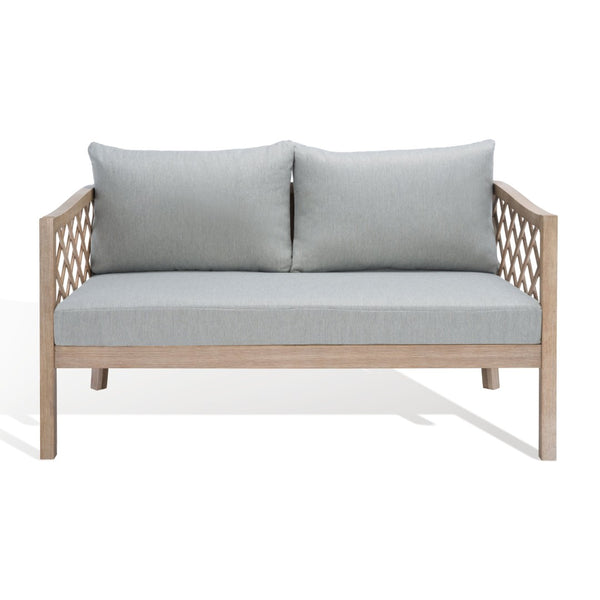 Safavieh FIJI Patio Sofa - Stylish Brown Wood Frame with Light Grey Cushions for Modern Outdoor Comfort CPT1037A