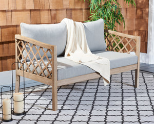 Safavieh FIJI Patio Sofa - Stylish Brown Wood Frame with Light Grey Cushions for Modern Outdoor Comfort CPT1037A