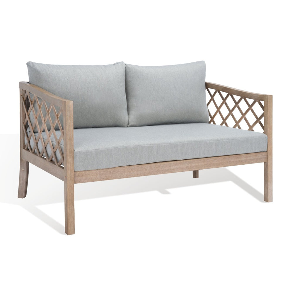 Safavieh FIJI Patio Sofa - Stylish Brown Wood Frame with Light Grey Cushions for Modern Outdoor Comfort CPT1037A