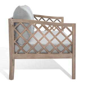 Safavieh FIJI Patio Sofa - Stylish Brown Wood Frame with Light Grey Cushions for Modern Outdoor Comfort CPT1037A