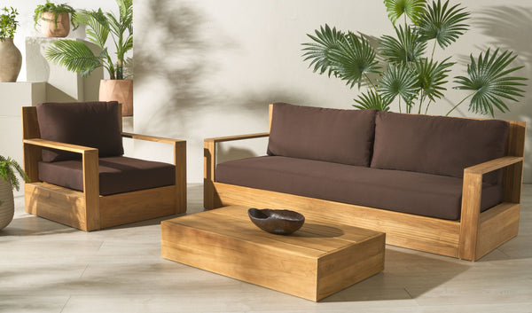 Safavieh KAUAI Brazilian Teak Patio Chair – Elegant Outdoor Seating with Plush Cushions for Ultimate Comfort Natural / Dark Brown CPT1040C