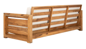 Safavieh MOLOKAI Brazilian Teak Patio Sofa - Natural Wood Frame with White Cushions for Outdoor Elegance CPT1044A
