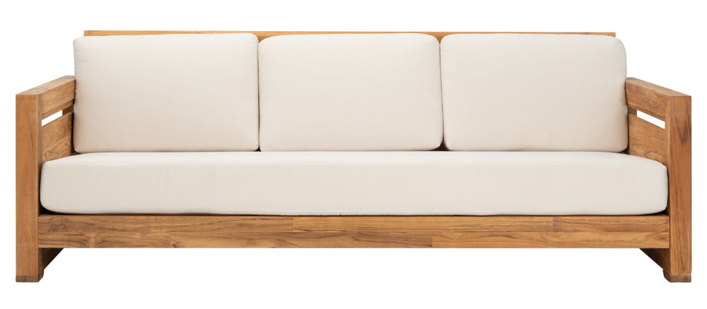 Safavieh MOLOKAI Brazilian Teak Patio Sofa - Natural Wood Frame with White Cushions for Outdoor Elegance CPT1044A