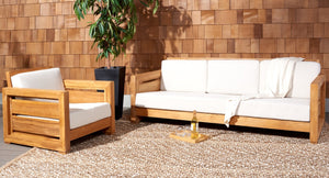 Safavieh MOLOKAI Brazilian Teak Patio Sofa - Natural Wood Frame with White Cushions for Outdoor Elegance CPT1044A