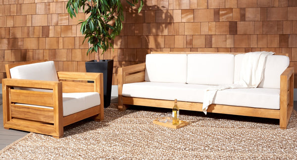 Safavieh MOLOKAI Brazilian Teak Patio Sofa - Natural Wood Frame with White Cushions for Outdoor Elegance CPT1044A