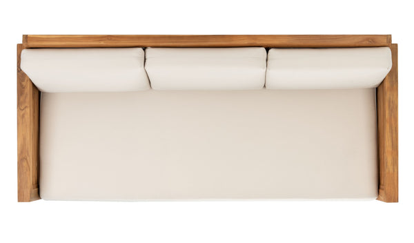 Safavieh MOLOKAI Brazilian Teak Patio Sofa - Natural Wood Frame with White Cushions for Outdoor Elegance CPT1044A