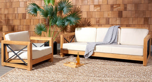 Safavieh ANDROS Brazilian Teak Patio Sofa - Plush Beige Cushions & Modern Accents for Outdoor Elegance CPT1010A