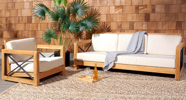 Safavieh ANDROS Brazilian Teak Patio Sofa - Plush Beige Cushions & Modern Accents for Outdoor Elegance CPT1010A