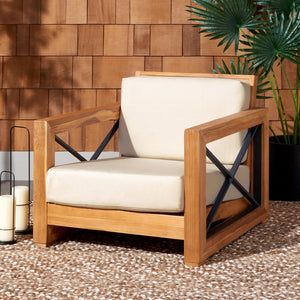 Safavieh ANDROS Brazilian Teak Patio Chair - Plush Beige Upholstery & Durable Design for Outdoor Comfort CPT1045A