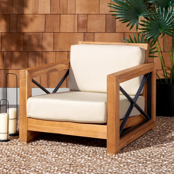 Safavieh ANDROS Brazilian Teak Patio Chair - Plush Beige Upholstery & Durable Design for Outdoor Comfort CPT1045A