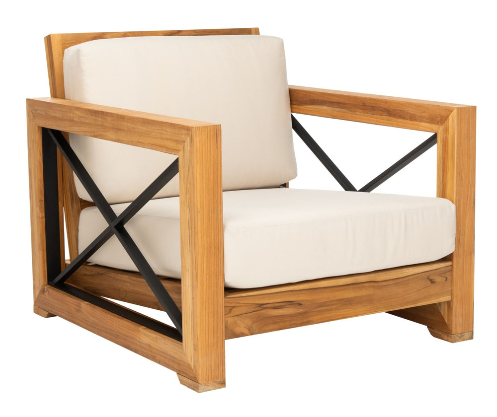 Safavieh ANDROS Brazilian Teak Patio Chair - Plush Beige Upholstery & Durable Design for Outdoor Comfort CPT1045A