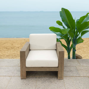 Safavieh Santiago Eucalyptus Patio Chair - Durable Outdoor Seating With Olefin Fabric For All-weather Comfort Natural ,Beige Wood ,Fabric ,Foam Cpt1050a