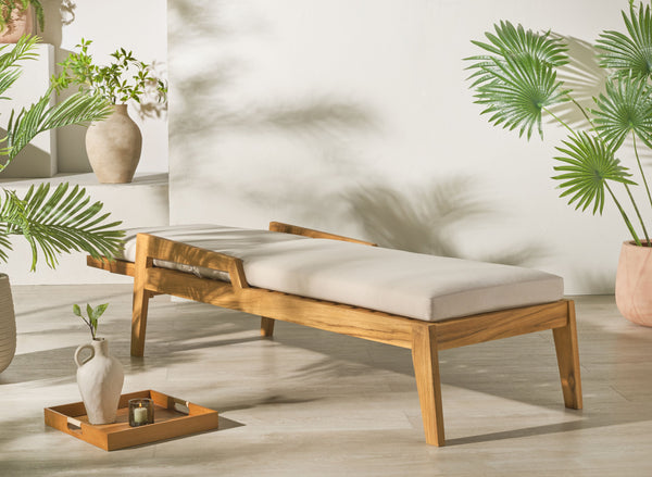 Safavieh Caledonia Brazilian Teak Chaise Lounge - Luxurious Outdoor Relaxation With Weather-resistant Comfort Natural ,White Wood ,Fabric ,Foam Cpt1055a