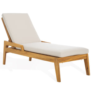 Safavieh Caledonia Brazilian Teak Chaise Lounge - Luxurious Outdoor Relaxation With Weather-resistant Comfort Natural ,White Wood ,Fabric ,Foam Cpt1055a