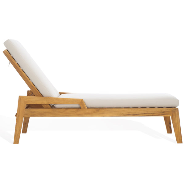 Safavieh Caledonia Brazilian Teak Chaise Lounge - Luxurious Outdoor Relaxation With Weather-resistant Comfort Natural ,White Wood ,Fabric ,Foam Cpt1055a