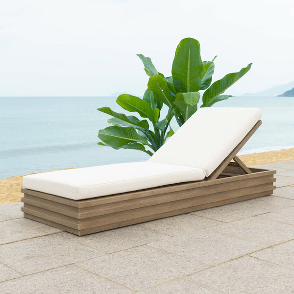 Safavieh Barbados Eucalyptus Chaise Lounge Outdoor - Relax In Style With Sustainable Elegance For Your Patio Natural ,Beige Wood ,Fabric ,Foam Cpt1057a