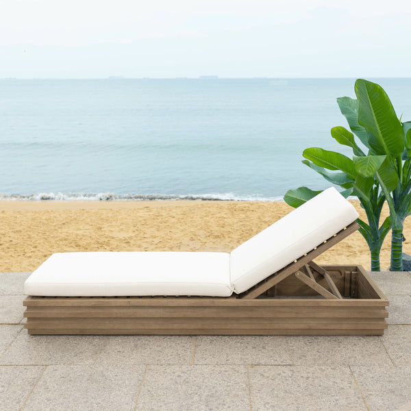 Safavieh Barbados Eucalyptus Chaise Lounge Outdoor - Relax In Style With Sustainable Elegance For Your Patio Natural ,Beige Wood ,Fabric ,Foam Cpt1057a