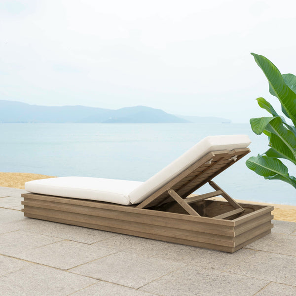 Safavieh Barbados Eucalyptus Chaise Lounge Outdoor - Relax In Style With Sustainable Elegance For Your Patio Natural ,Beige Wood ,Fabric ,Foam Cpt1057a