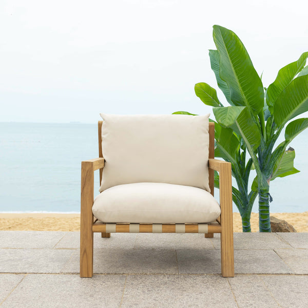 Safavieh Trinidad Brazilian Teak Patio Chair - Elegant Outdoor Seating For Comfort And Durability In Style Natural ,White Wood ,Fabric ,Foam Cpt1058a