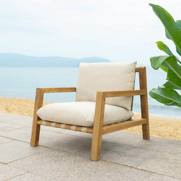 Safavieh Trinidad Brazilian Teak Patio Chair - Elegant Outdoor Seating For Comfort And Durability In Style Natural ,White Wood ,Fabric ,Foam Cpt1058a