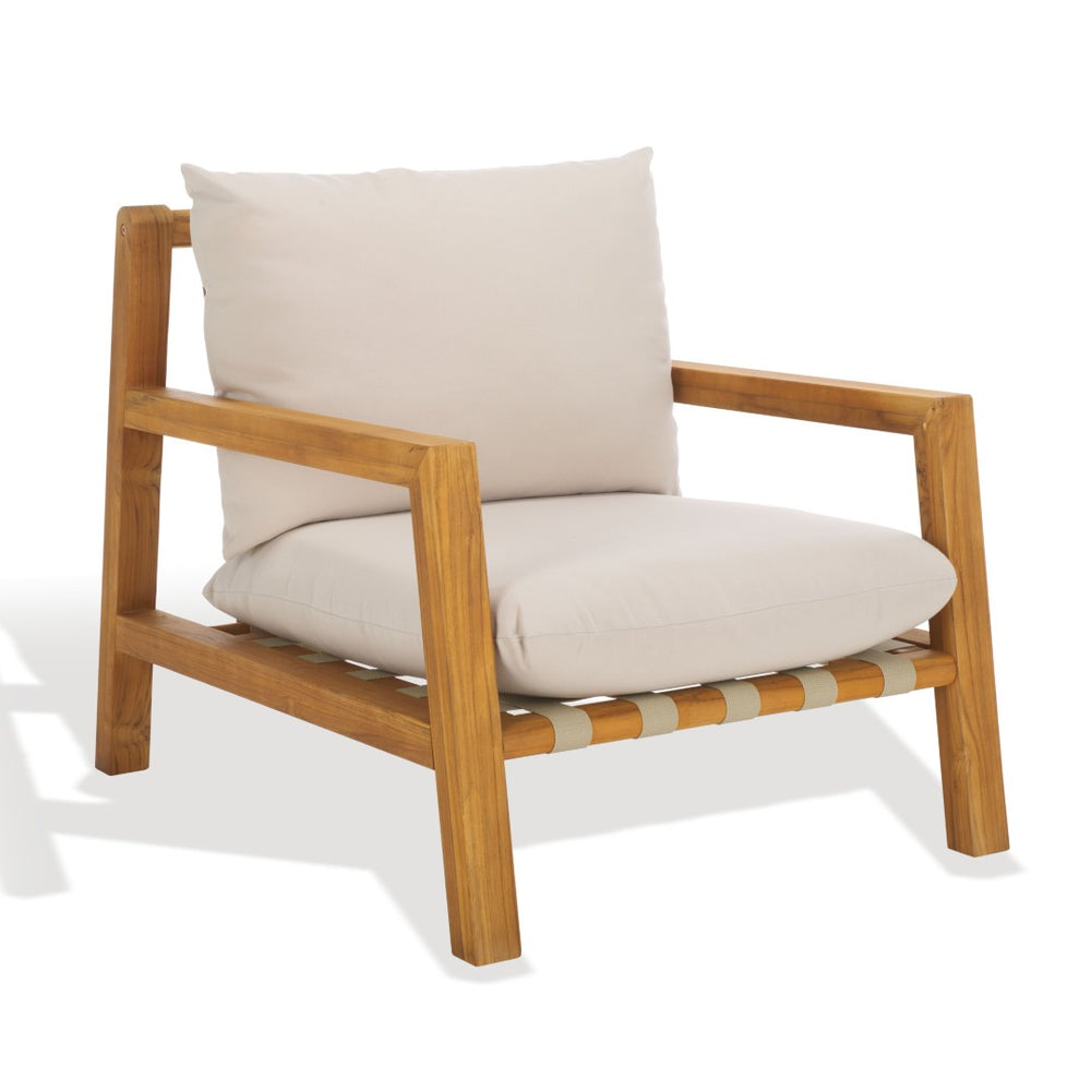 Safavieh TRINIDAD Brazilian Teak Patio Chair - Elegant Natural Finish with White Upholstery for Outdoor Comfort CPT1058A